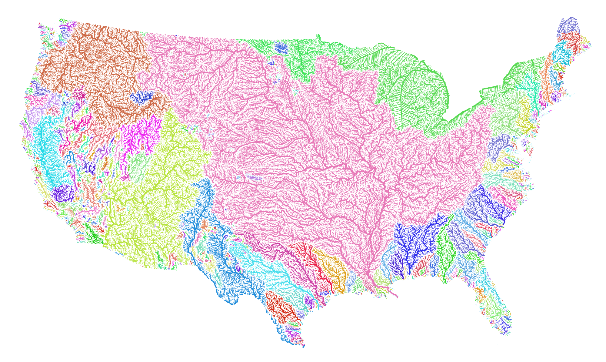 Map of every river in the United States, each depicted in a different color. Map created by Robert Szucs.